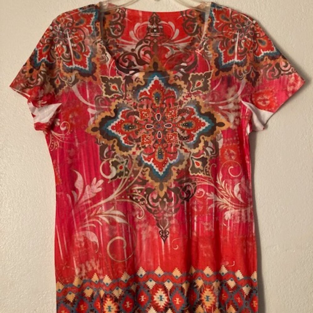 Style & Co Bright Cheery Multi Color Short Sleeve Bling Front Round Neck Sz M